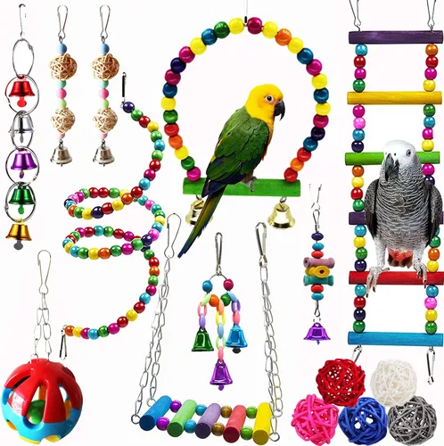 Vista 9 de Hamiledyi 13 piezas de juguetes para loros con columpio, mordedores, perchas para pájaros, plataforma con escalera de escalada y accesorios