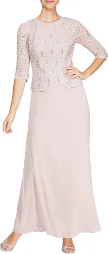 Vista 4 de Alex Evenings Vestido de una pieza con cuerpo de encaje elástico de mangas 3/4 para mujer Bordado de orquídea ahumada