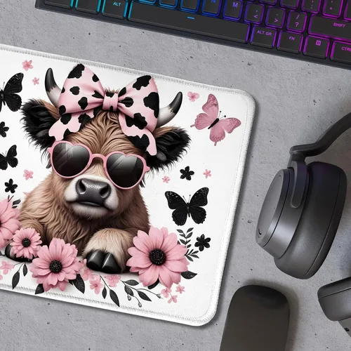 Vista 5 de Highland - Alfombrilla de mouse de vaca con lazo rosa coqueta floral para mouse inalámbricos, computadora portátil, accesorios de escritorio, 9.5 x