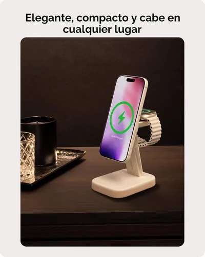 Vista 6 de Mophie Soporte de carga inalámbrico 2 en 1, certificado Qi2, cargador MagSafe para iPhone y Apple Watch, estación de carga rápida con soporte