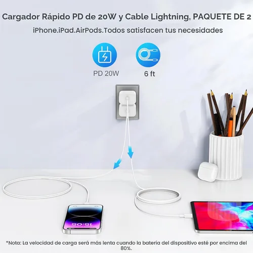 Vista 3 de Cargador para iPhone de carga rápida original [certificado Apple MFi], paquete de 2 bloques de carga de pared tipo C con 2 cables USB C a Lightning