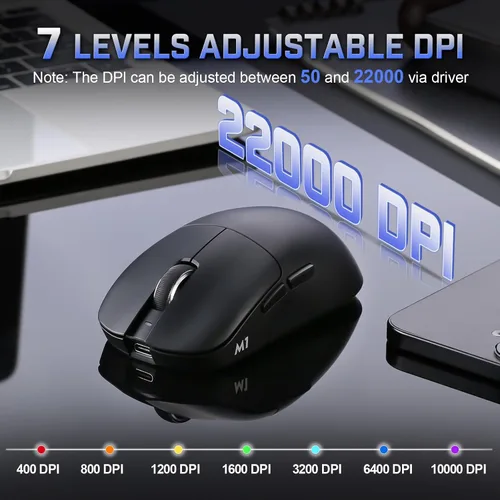 Vista 4 de YUNZII Ratón inalámbrico para juegos M1, mouse para juegos trimodo 2.4G/BT/cable, sensor PAW3311 10000 DPI recargable con 5 botones programables
