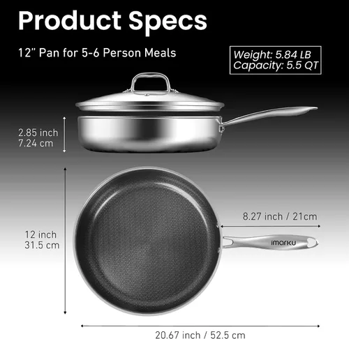 Vista 7 de imarku Sartén antiadherente de 12" con tapa, acero inoxidable de cerámica