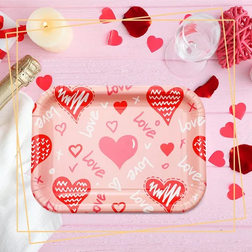 Vista 7 de Ziliny 24 platos de papel desechables con forma de corazón, bandejas rectangulares de 13 x 9 pulgadas, bandejas grandes para servir para bodas, Rosa