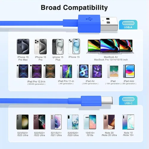 Vista 5 de LOFPYE Paquete de 3 cables USB A a USB C de color azul [3.3 pies+3.3 pies + 6 pies] USB A a USB C, cable Carplay para iPhone 16 15 Pro Plus Pro Max