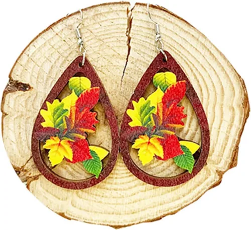Vista 7 de Paquete de 3 pares de aretes de otoño de madera 2023 para mujeres y niñas, hojas de arce, taza de café, calabaza, girasol, juego de aretes de Acción