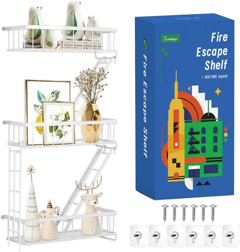 Vista 11 de SweetSage Estante de Pared para Salida de Emergencia - Estante Decorativo de Escalera de Nueva York, Estante Flotante de Arte de Pared en Metal Negro