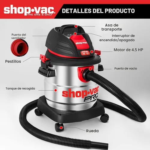 Vista 4 de Shop-Vac Aspiradora húmeda/seca de 5 galones y 4.5 HP de pico, tanque de acero inoxidable, aspiradora de taller portátil con filtro, manguera