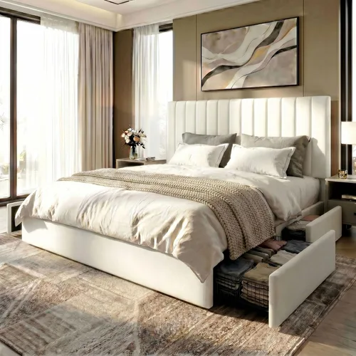 Vista 16 de SHA CERLIN Base de cama de plataforma tamaño matrimonial con 4 cajones de almacenamiento, cabecera acolchada vertical con diseño acanalado