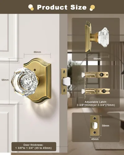 Vista 8 de Gobrico Juego de pomos de puerta de vidrio transparente para interiores, cerradura de puerta de cristal de diamante de privacidad en latón antiguo