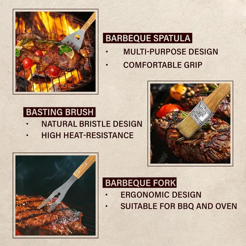 Vista 7 de Juego de parrilla BBQ de 11 piezas con caja de madera de arce grabada, herramientas de barbacoa de acero inoxidable premium con mangos de madera
