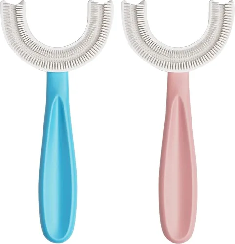 Vista 10 de YOTEE Cepillo de dientes en forma de U para niños, 2 piezas, cepillo de dientes para niños pequeños con cabezal de cepillo de silicona suave