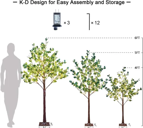 Vista 6 de LIGHTSHARE Árbol de eucalipto iluminado de 4 pies, 126 L, color blanco cálido, vegetación artificial con luces para boda, vacaciones, hogar, fiesta