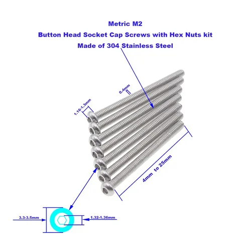 Vista 3 de Metric M2 304 - Kit surtido de tornillos y tuercas de cabeza de botón de acero inoxidable 9 Sizes, 4-25mm Length, Fully Threaded, Metric ISO7380