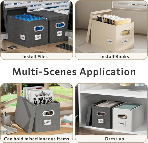 Vista 2 de Caja organizadora de archivos con tapa, juego de 2 cajas de archivos colgantes portátiles, cajas de almacenamiento plegables de lino decorativas