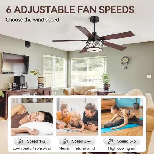 Vista 4 de 52" Farmhouse Ceiling Fans with Lights and Remote, 6-Speed Reversible DC Motor, Double-Sided 5 Blades, Timer, Indoor Ceiling Fan with Caged