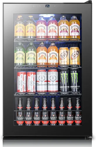 Vista 12 de Yeego Refrigerador de bebidas, mini refrigerador de 105 latas con puerta de vidrio, estantes ajustables, control digital de temperatura para Negro