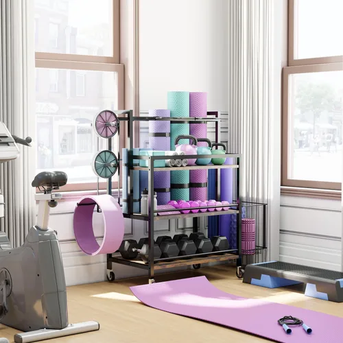 Vista 5 de EasyCom Almacenamiento de gimnasio en casa, estante de gran capacidad de 4 niveles para mancuernas, rodillos de espuma, correa de esterilla de yoga