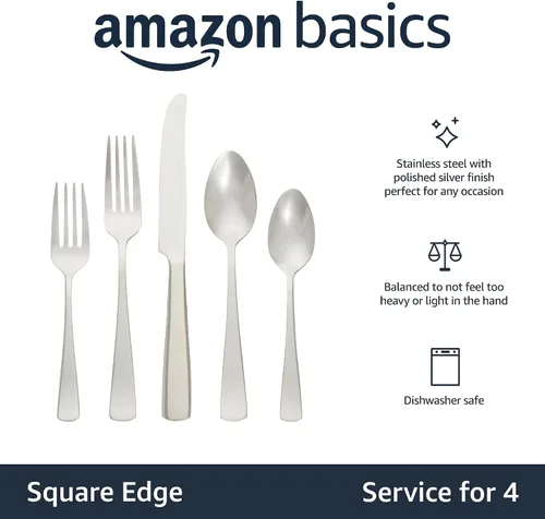 Vista 2 de Amazon Basics - Juego de cubiertos de acero inoxidable con borde cuadrado, 20 piezas, servicio para 4, plateado