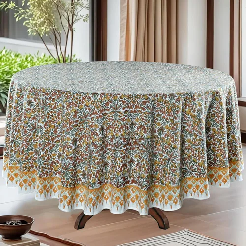 Vista 10 de Mantel redondo con estampado de bloque a mano, 100% algodón, reutilizable, turquesa, verde musgo, 90 pulgadas, mantel decorativo para uso diario