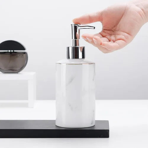Vista 5 de Dispensador de jabón de cerámica, dispensador de loción con aspecto de mármol blanco, dispensador de jabón líquido de manos de 12.5 onzas, botella