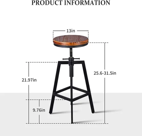 Vista 3 de Taburetes de bar industriales, silla de comedor de cocina, taburete de metal de madera, silla giratoria de altura ajustable, negro, juego de 2