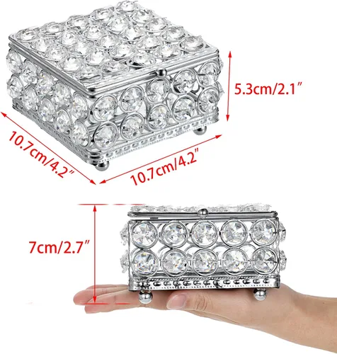 Vista 7 de ELLDOO Joyero de cristal plateado cuadrado organizador de joyas para aretes, anillos, caja del tesoro, caja de almacenamiento de recuerdos con tapa