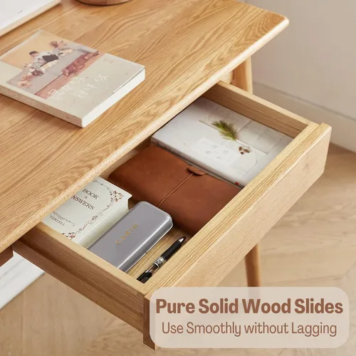 Vista 4 de Escritorio 100% de madera de roble macizo con cajones, escritorio de madera moderno y duradero, pequeño escritorio de computadora para espacios