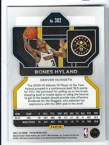 Vista 2 de BONES HYLAND 2021-22 Panini Prizm #302 Rookie Card RC Denver Nuggets Basketball