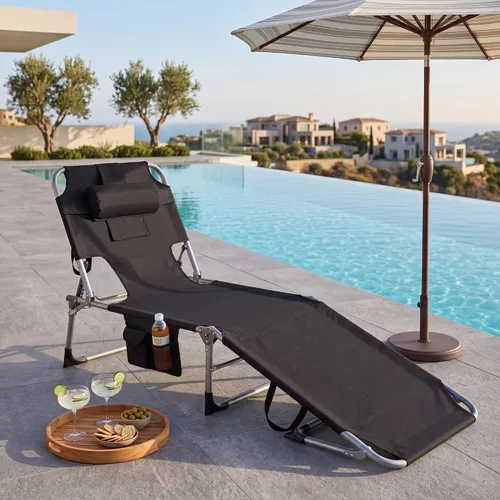 Vista 4 de Tangkula Silla de bronceado con agujero frontal, plegable y ajustable para patio, silla reclinable, para playa, tomar el sol, con bolsillo lateral