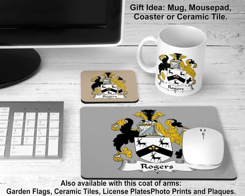 Vista 2 de Rogers Coat of Arms/Rogers Family Crest Taza de cerámica para café/cacao de 11 onzas por Carpe Diem Designs, fabricada en los Estados Unidos
