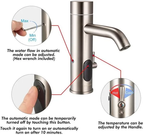 Vista 2 de Grifo de lavabo de baño con función de doble opción manual y automática, níquel cepillado, TS-5303N