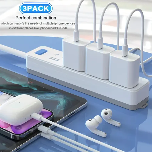 Vista 5 de iGENJUN - Paquete de 3 cargadores de iPhone [certificado MFi], bloque de cargador de pared USB C de 20 W PD con cable tipo C a Lightning de 6 pies