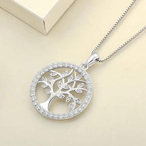 Vista 5 de YL Collar de árbol de plata de ley 925 con dije de esmeraldazafirogranateamatistacirconita, redondo, halo de vida familiar de joyería, Metal