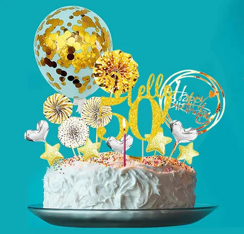 Vista 7 de Hello50 - Decoración de cumpleaños para tartas doradas, para hombres y mujeres, decoración de pastel de cumpleaños número 50