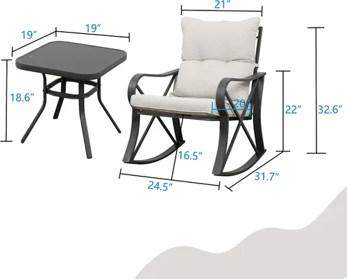 Vista 4 de HOMPUS Juego de 3 sillas mecedoras para exteriores, juego de muebles de mimbre para patio, marco de metal, juego de rocas para patio con cojines