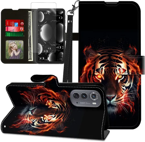 Vista 131 de Funda para Motorola Edge 2022 con protector de pantalla, soporte y tarjetero y correa para la muñeca, funda magnética para Moto Edge 2022 5G UW Lobo