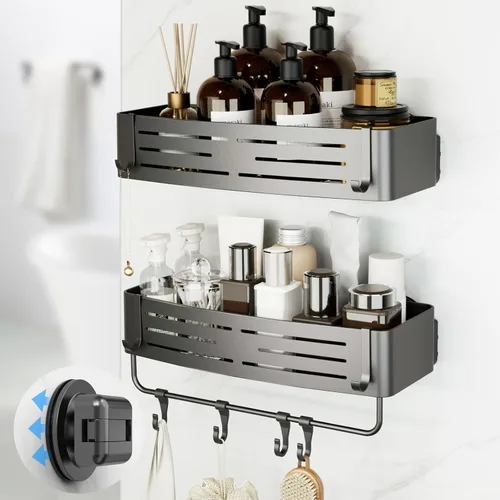 Vista 13 de Onemake Organizador de ducha con ventosa, estante de ducha de succión con ganchos portátiles, organizador de baño con barra de toalla