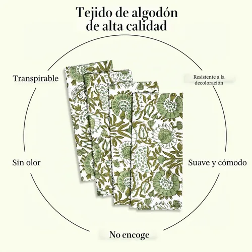 Vista 3 de Servilletas de tela CPC 100% algodón Juego de 4 servilletas reutilizables, servilleta de cena floral de bloque de impresión india, servilleta