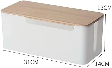 Vista 2 de Caja de cables con cubierta de madera, regleta de alimentación, estuche de cable, cargador de enchufe, organizador de escritorio, caja