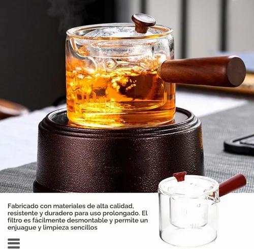 Vista 5 de CALLARON Tetera de vidrio de 18.6 onzas, tetera transparente con infusor, tetera con mango de madera antiquemaduras, infusor de té de hojas sueltas