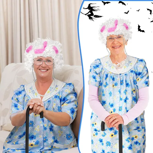 Vista 6 de Jiuguva 7 Pcs Old Lady Costume for Kids Girls, 100th Days of School Costume for Kids Granny Nightgown Wig Cane Grandma Dress