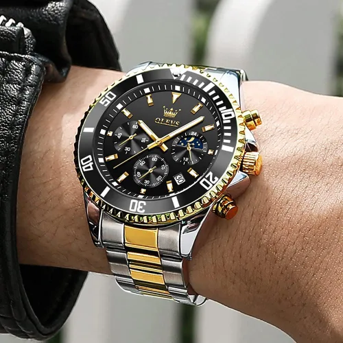Vista 4 de OLEVS Relojes para hombre, de acero inoxidable, impermeables, con fecha, analógico, de cuarzo, de moda, para negocios, relojes de pulsera