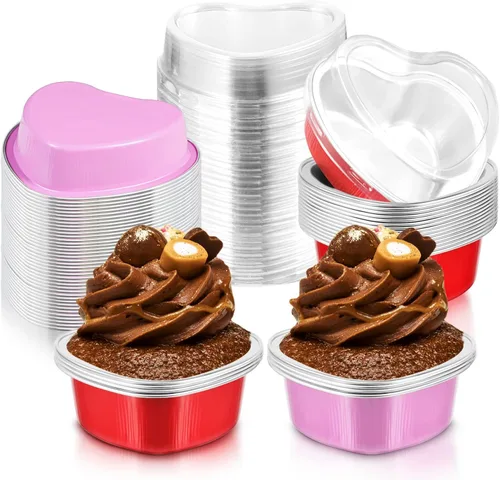 Vista 9 de Cunhill 60 juegos de moldes para pasteles en forma de corazón con tapas, 3.4 onzas líquidas, papel de aluminio, mini moldes desechables para blanco