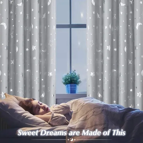 Vista 7 de WUBODTI Cortinas grises 100% opacas con diseño de estrellas para habitación de niños, 45 pulgadas de largo, juego de 2 paneles de cortinas
