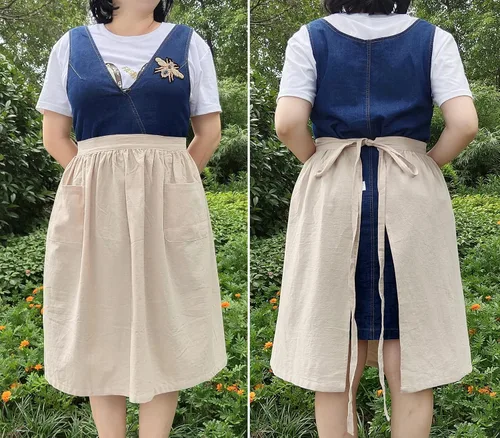 Vista 4 de Delantales unisex de chef blancos retro de algodón de 2 bolsillos cintura camarera y camarera Blanco