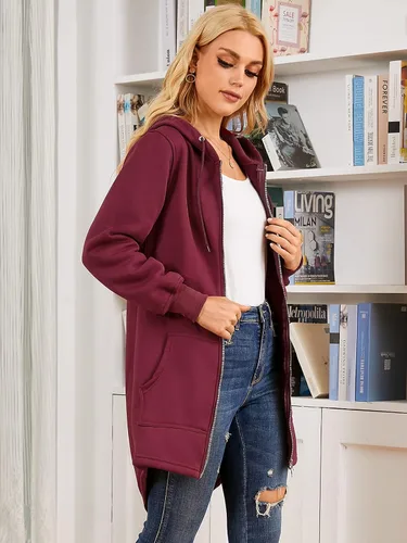 Vista 5 de Kidsform Sudadera con capucha de manga larga con cremallera completa para mujer, sudadera larga casual con capucha y bolsillos