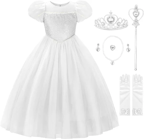 Vista 12 de JerrisApparel Vestido de princesa para niñas, disfraz de princesa de manga abombada con accesorios Rosa