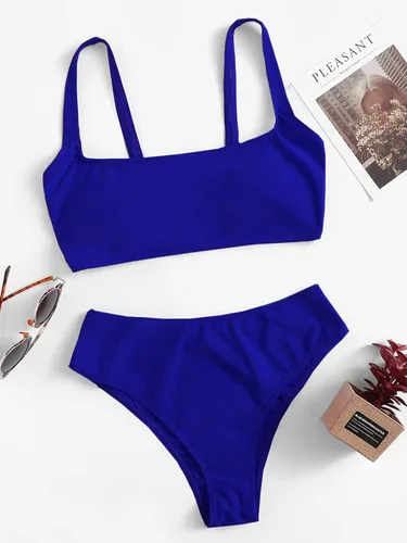 Vista 5 de SweatyRocks - Bikinis con cuello redondo y talle alto para mujer, de colores lisos