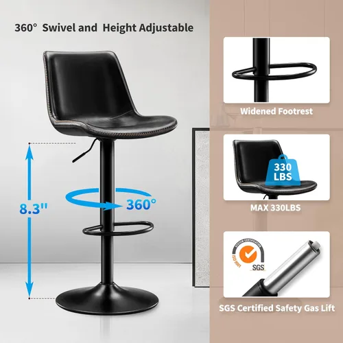 Vista 7 de STOOLINK Taburete de Bar Moderno Extra Grande con Asiento de Cuero de Microfibra - Altura Ajustable, Ergonómico de Servicio Pesado, Conjunto de Negro